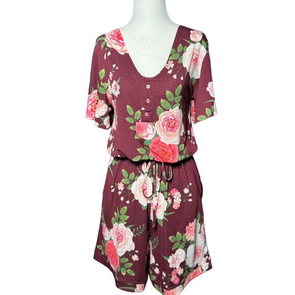 New LuLaRoe S Floral Burgundy/Pink Comfortable Romper Women V-Neck Short Sleeves - Picture 3 of 13